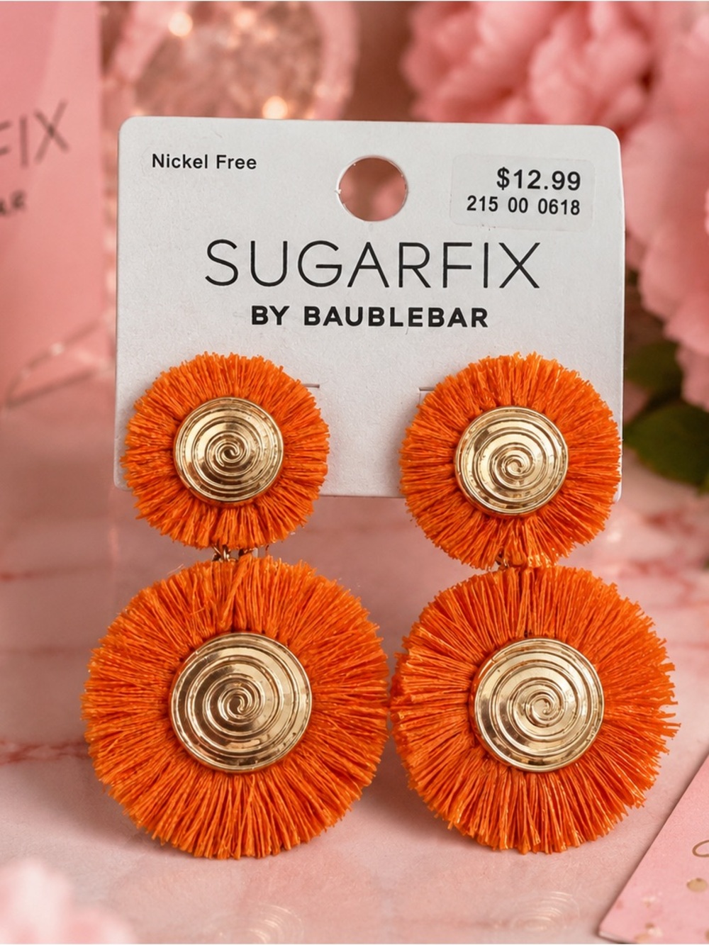 SUGARFIX by BaubleBar Orange Fringe Raffia Circle Drop Earrings w Gold Centers 🧡